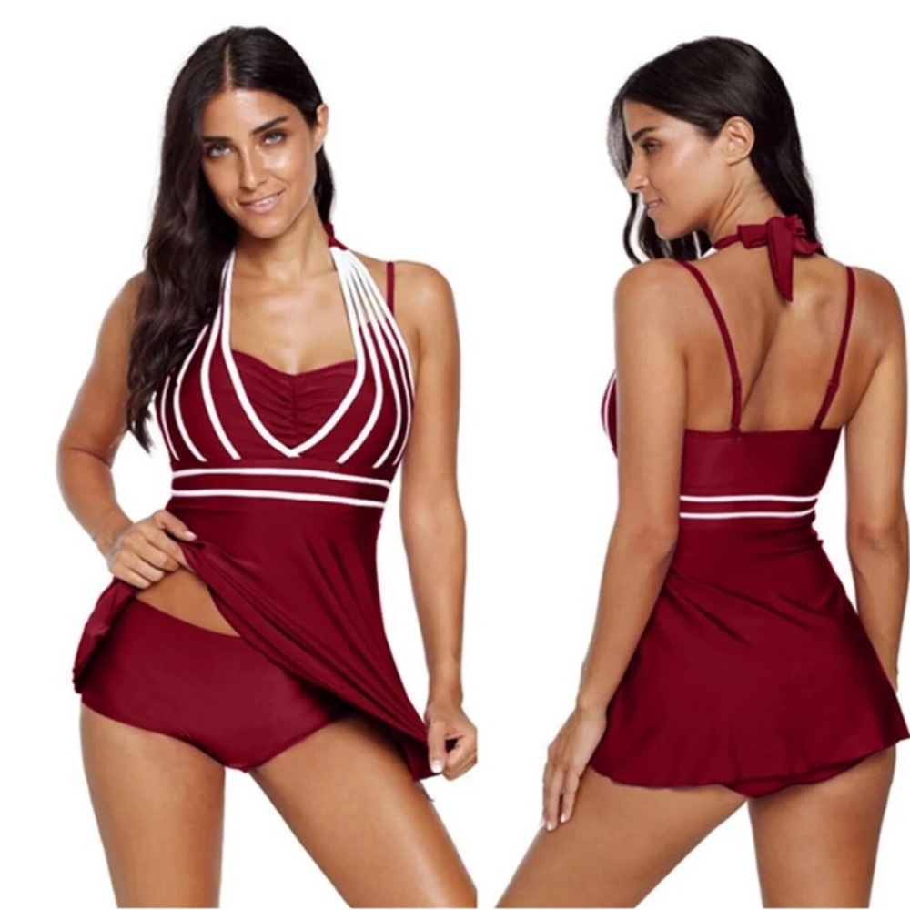 🩷. 785. Vintage-Inspired Burgundy Swim Dress – Tummy Control Two-Piece Swimsuit